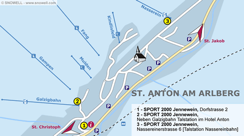 Ski Hire St Anton Am Arlberg SNOWELL Dorfstrasse 2 Sport 2000 Jennewein Map St Anton Am Arlberg 500 